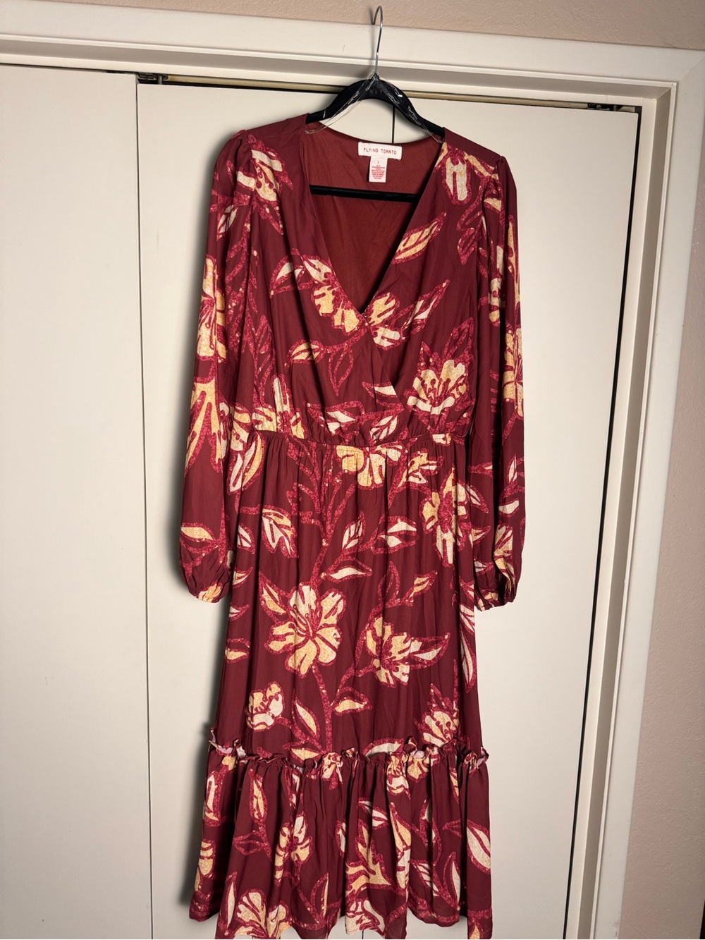 Flying Tomato Burgundy Floral Long-Sleeve Midi Dress